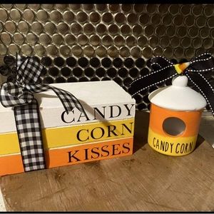 Fall candy corn tiered tray mini book stack and birdhouse duo